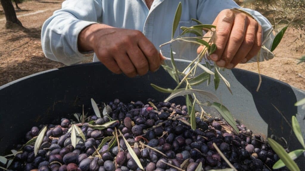 removing leaves from harvested olives