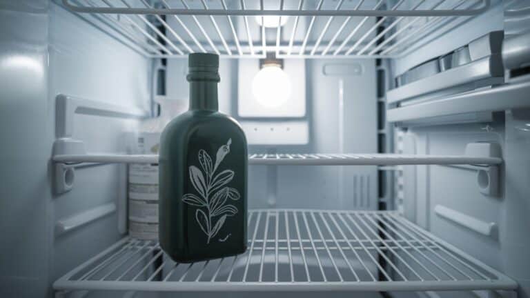 bottle of olive oil in the refrigerator