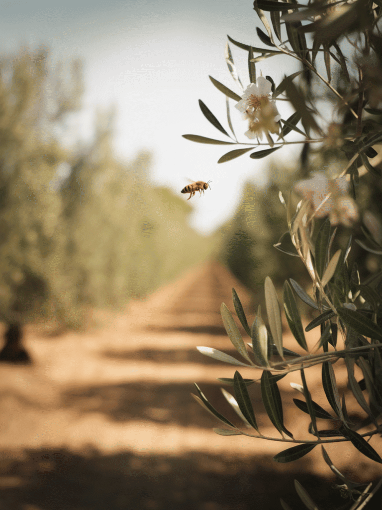 a bee flying in the olive grove
