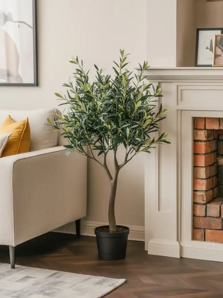 small fake olive tree in the living room