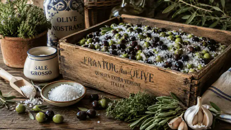 preserving olives the Italian way with salt and herbs
