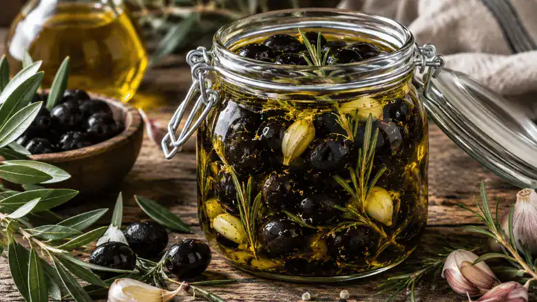 oil cured olives in a glass jar with herbs and olive oil