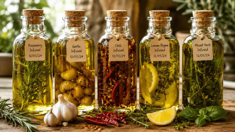 five homemade infused olive oil recipes in labelled glass jars