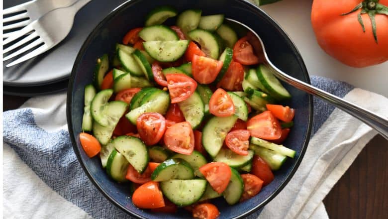 cucumbers and tomatoes in a salad