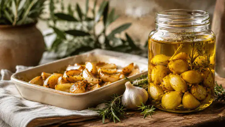 roasted garlic cloves and a jar of homemade garlic infused olive oil