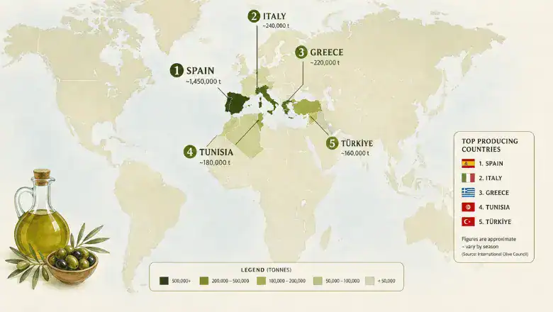 map of the world's top olive oil producing countries including Spain, Italy, Greece, and Tunisia