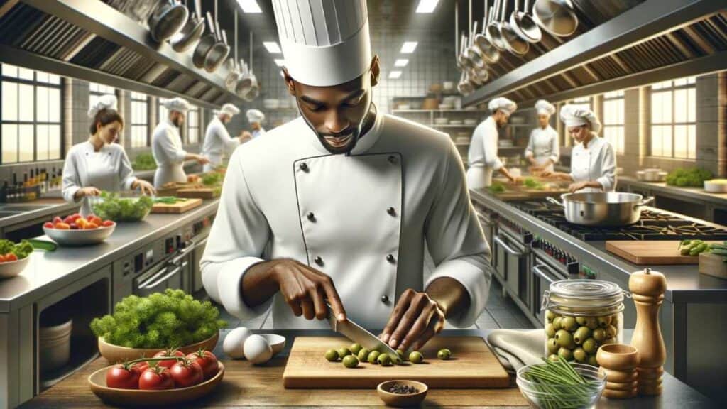 professional chef cutting olives