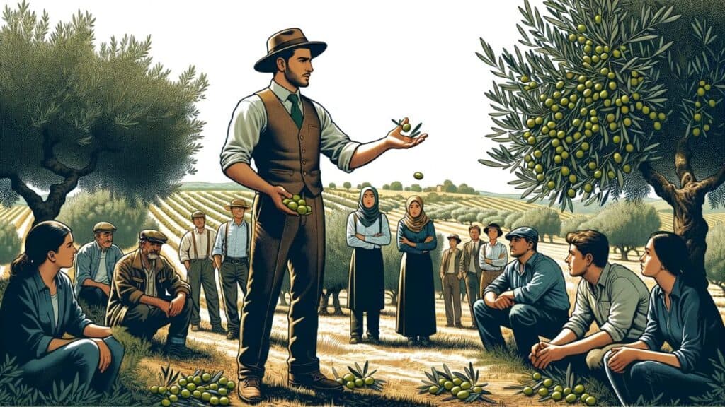 guy explaining how to harvest olives, illustration