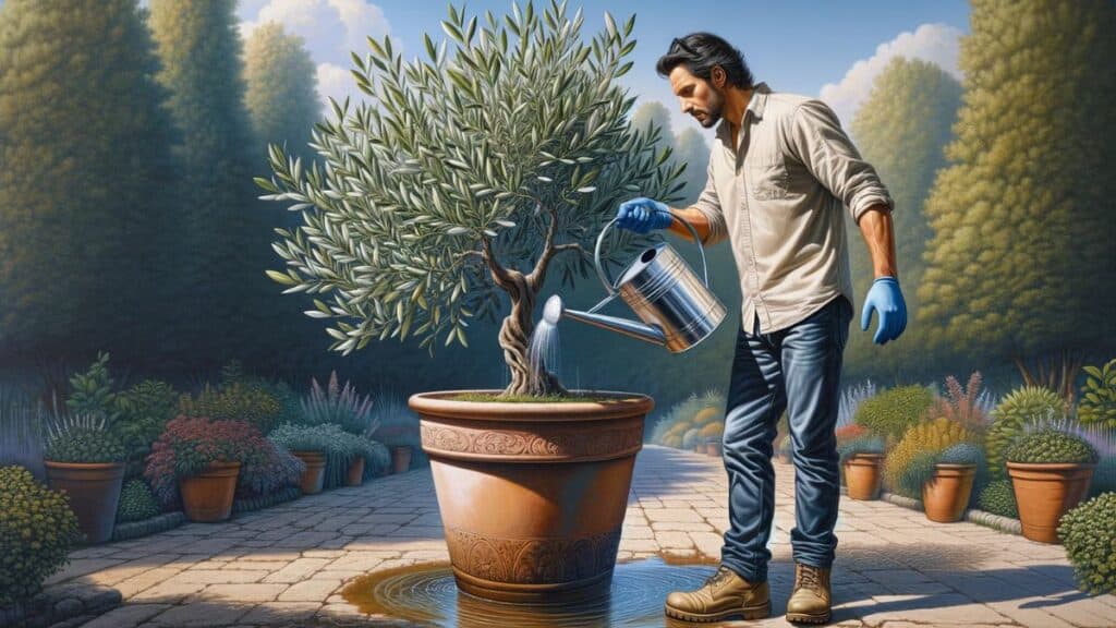 guy watering an olive tree in a pot