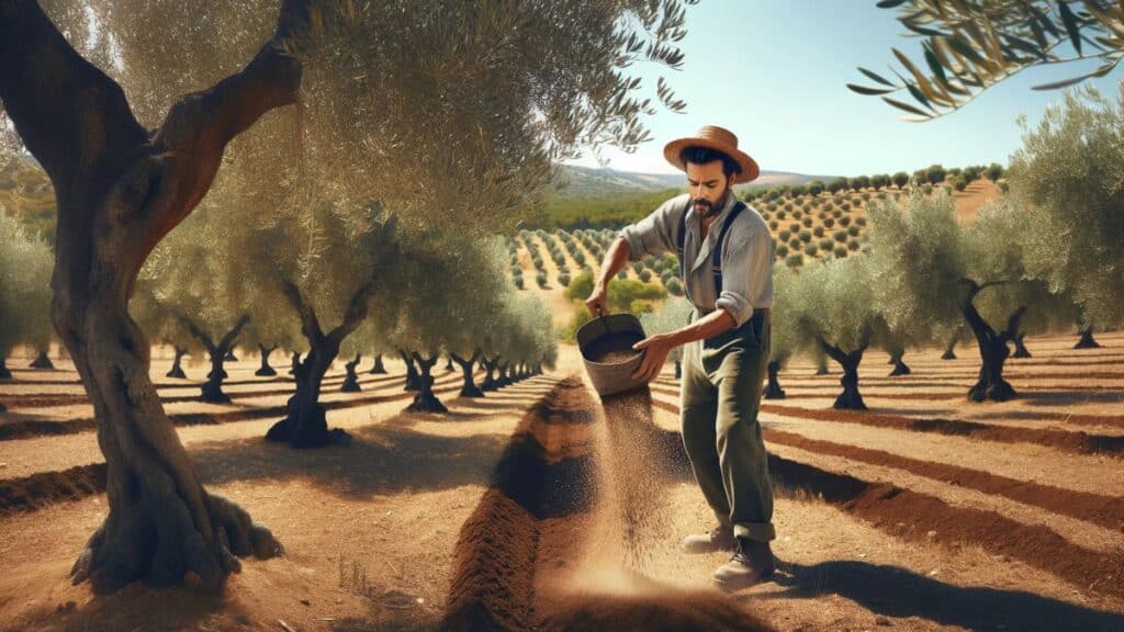 man fertilizing olive grove