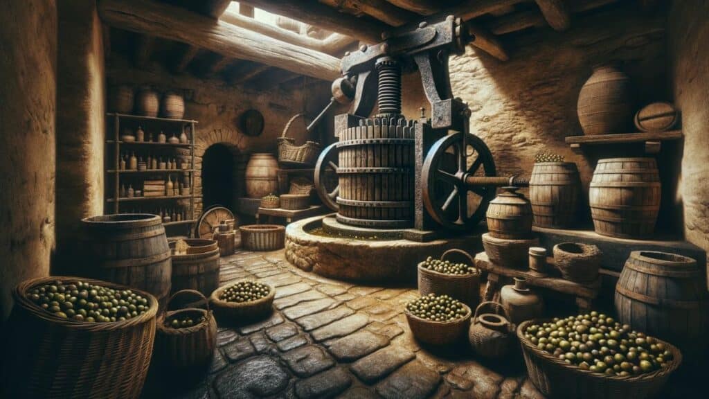 traditional olive oil press, illustration