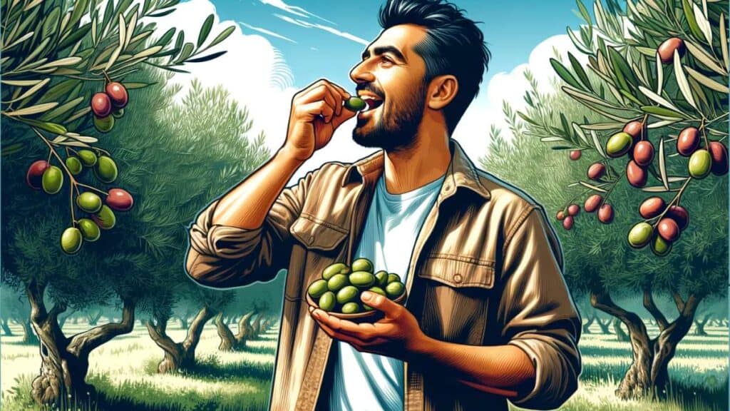 guy eating raw olives, illustration