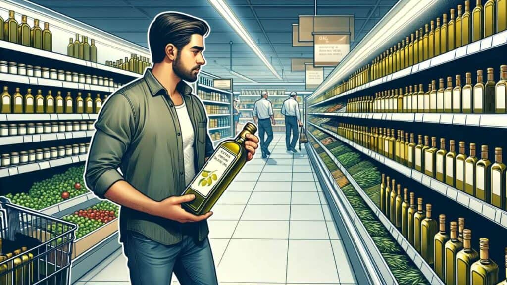 guy buying new bottle of olive oil, illustration