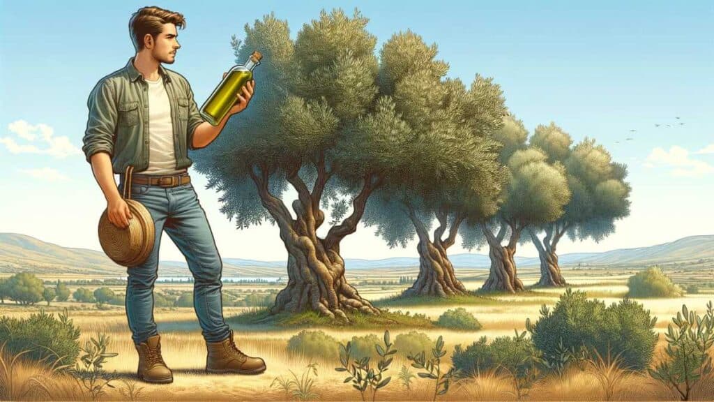 guy holding a bottle of olive oil in his olive grove