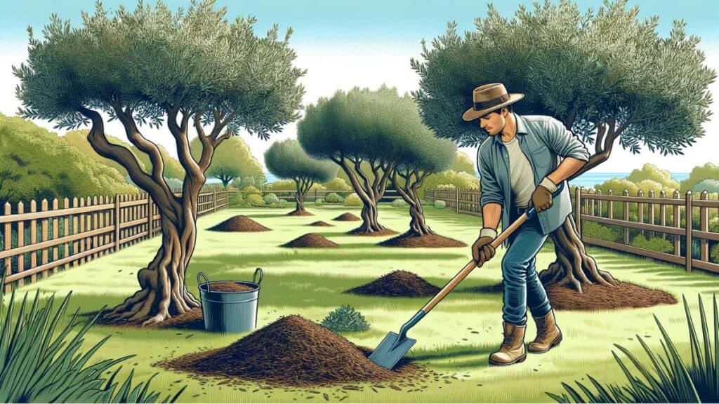 guy mulching olive trees