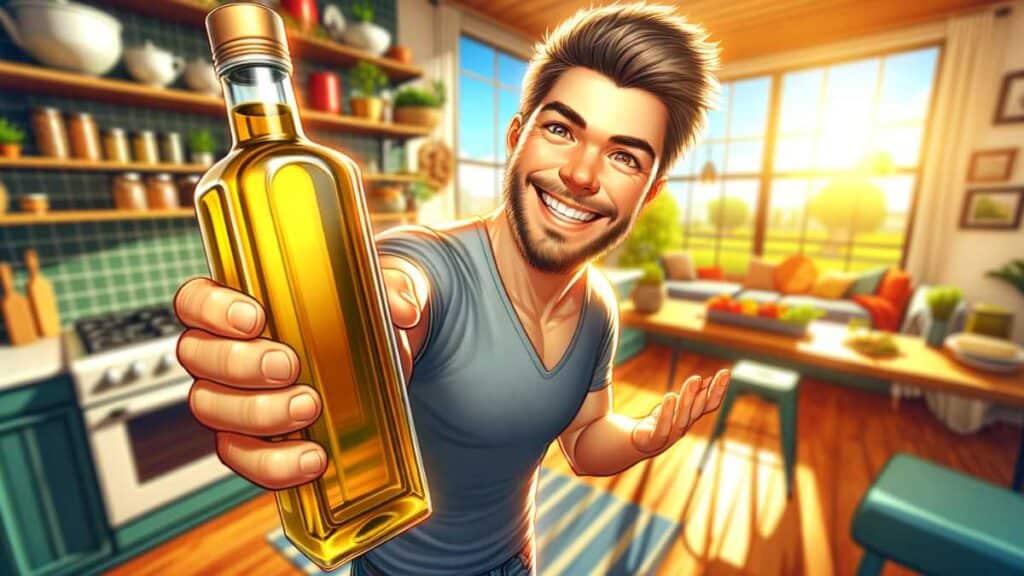 guy showing his olive oil, illustration