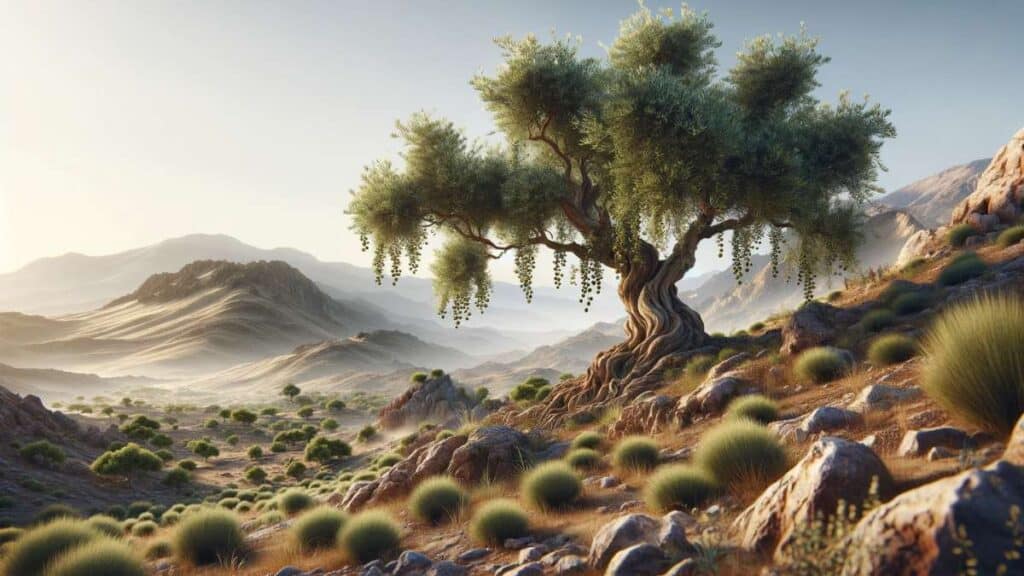 olive tree growing in the mountain, illustration