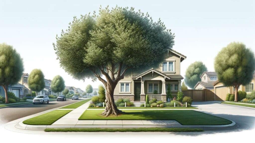 olive tree in front of a house, illustration