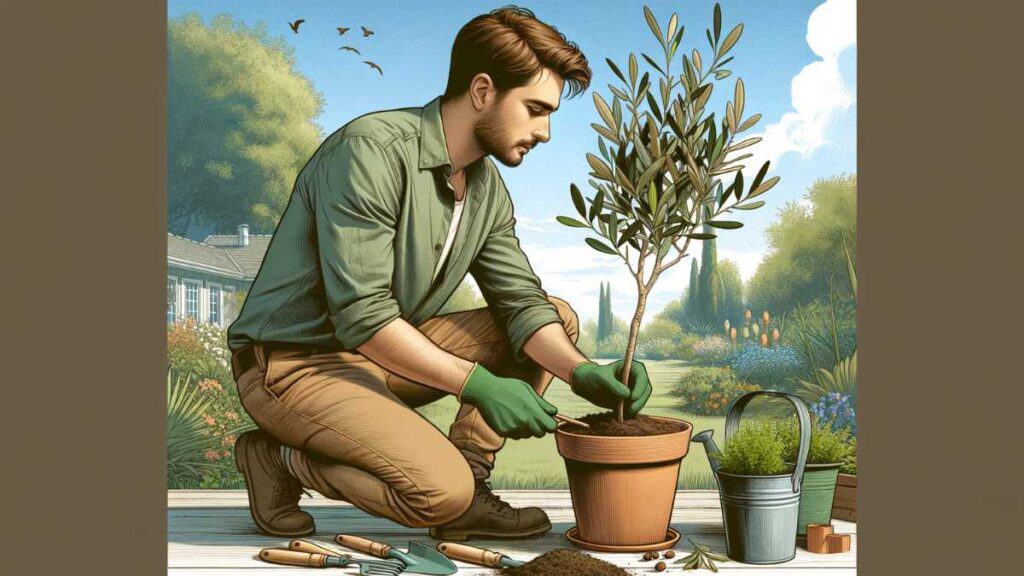 guy planting an olive tree cutting