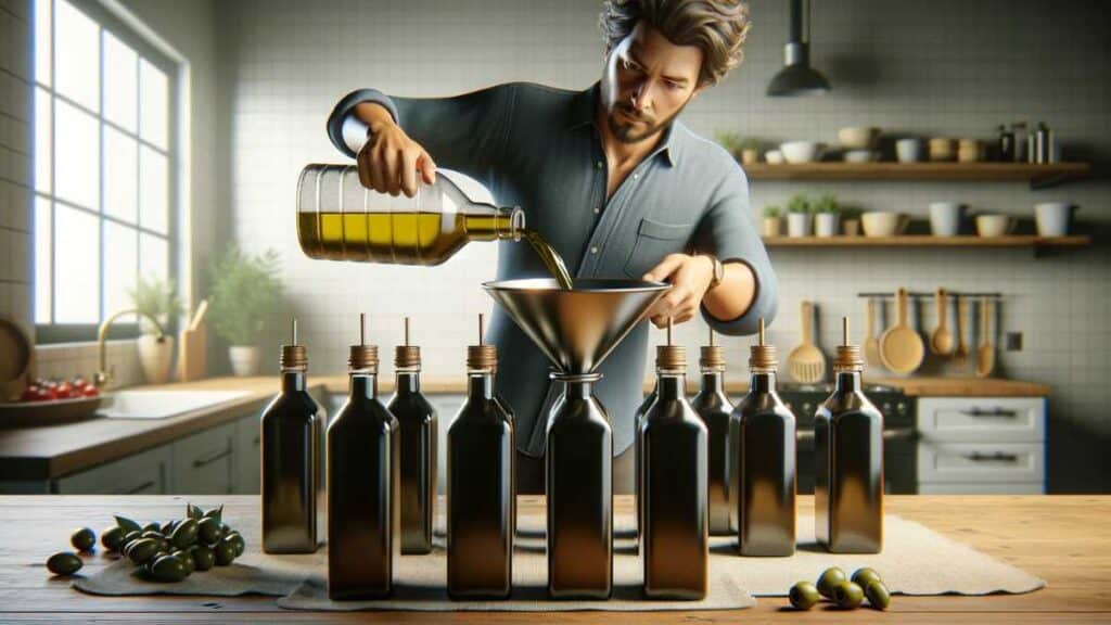 pouring olive oil into dark glass bottles