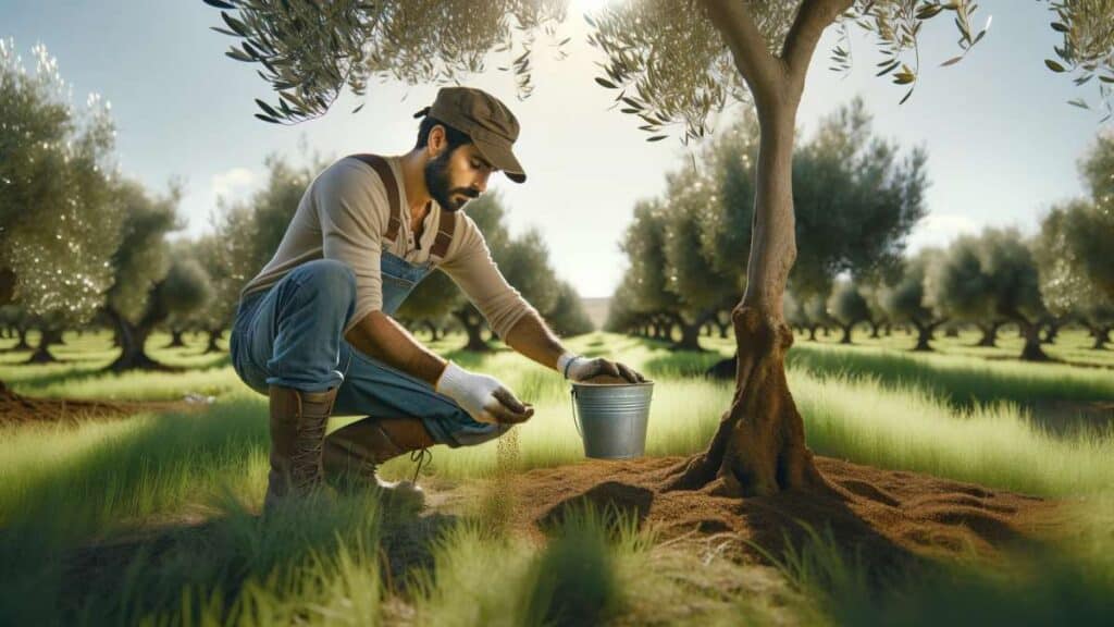 spreading fertilizer around olive tree