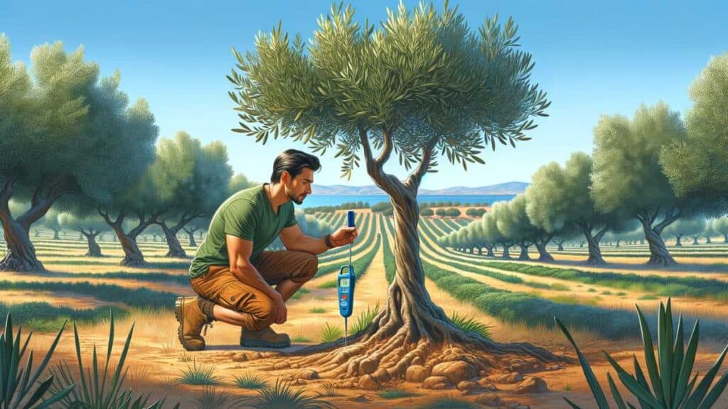 checking soil moisture around olive tree