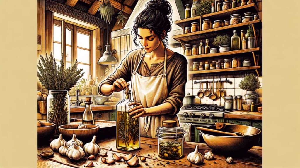 woman making garlic infused olive oil