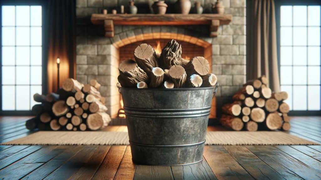 bucket of olive wood in front of a fireplace