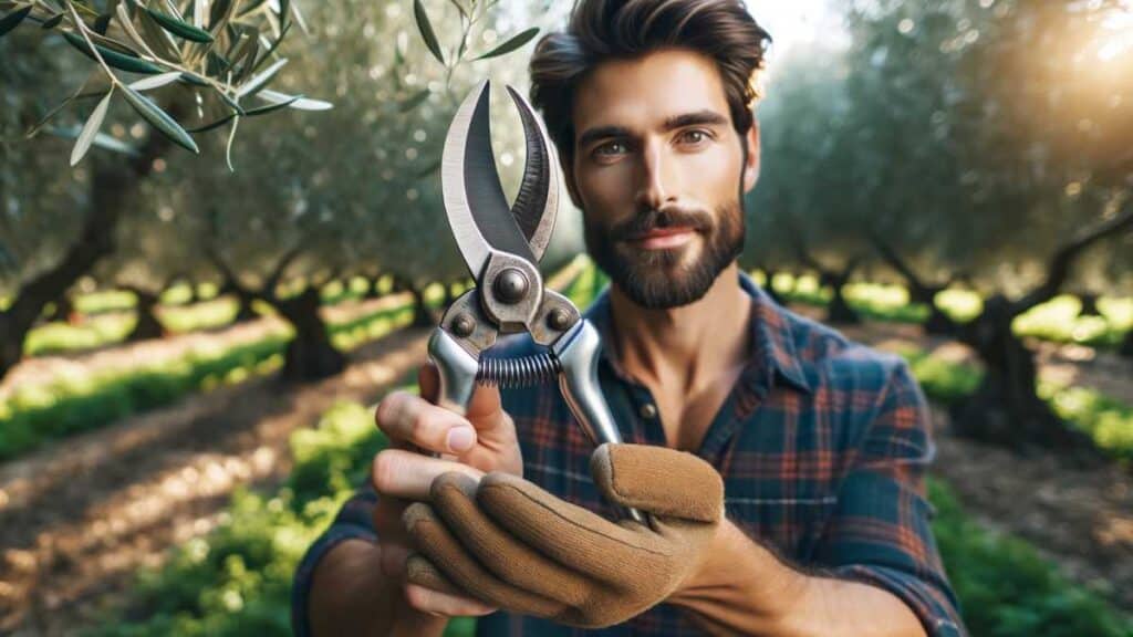 guy holding olive tree pruning shears